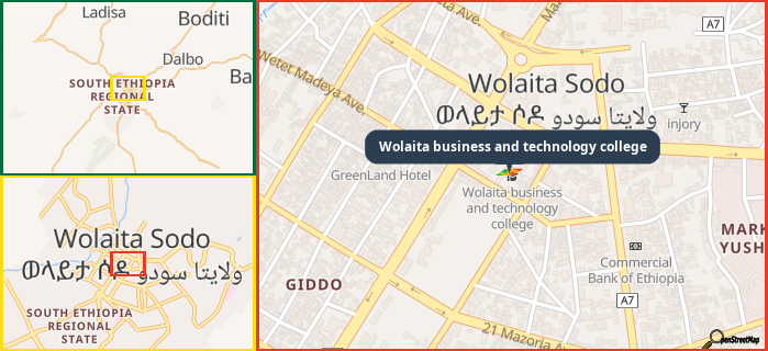 Map showing the address of Wolaita business and technology college in three different zoom levels.