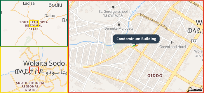 Map showing the address of Condominum Building in three different zoom levels.