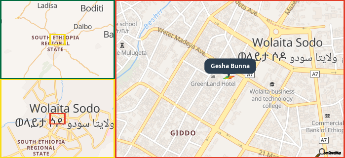 Map showing the address of Gesha Bunna in three different zoom levels.