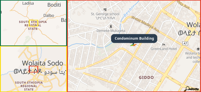 Map showing the address of Condominum Building in three different zoom levels.