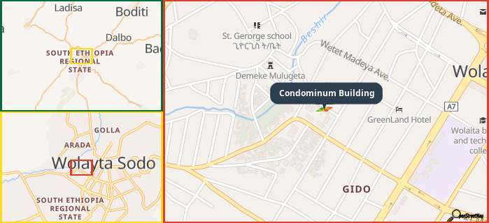 Map showing the address of Condominum Building in three different zoom levels.