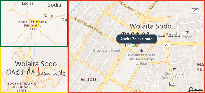 Map showing the address of Abebe Zeleke hotel in three different zoom levels.