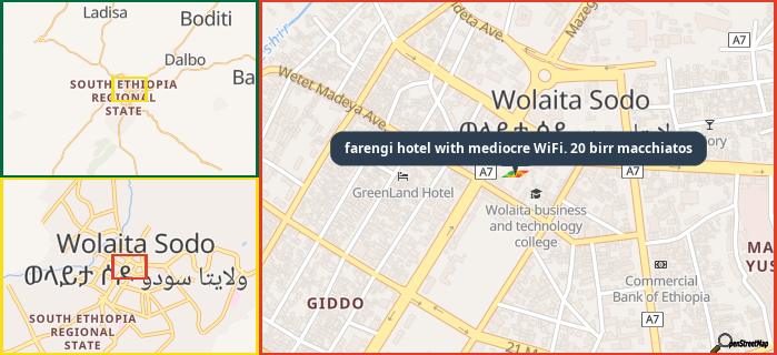 Map showing the address of farengi hotel with mediocre WiFi. 20 birr macchiatos in three different zoom levels.