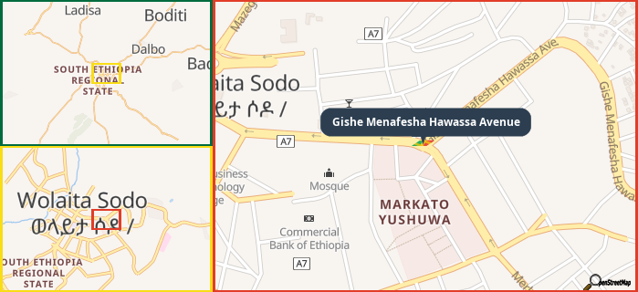 Map showing the address of Gishe Menafesha Hawassa Avenue in three different zoom levels.