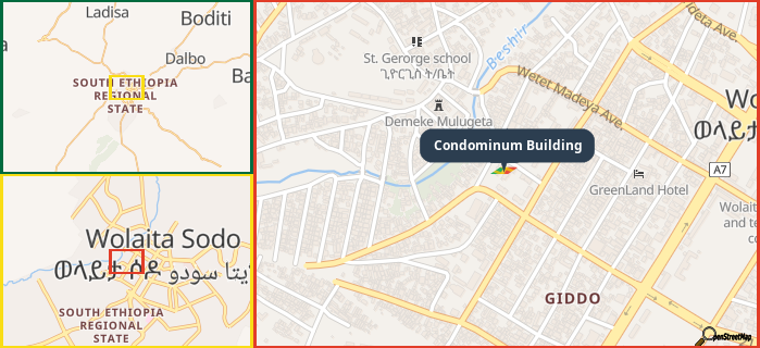 Map showing the address of Condominum Building in three different zoom levels.