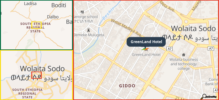 Map showing the address of GreenLand Hotel in three different zoom levels.