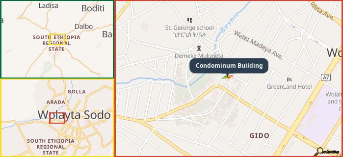 Map showing the address of Condominum Building in three different zoom levels.