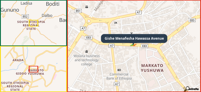 Map showing the address of Gishe Menafesha Hawassa Avenue in three different zoom levels.