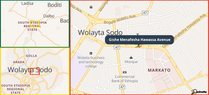 Map showing the address of Gishe Menafesha Hawassa Avenue in three different zoom levels.