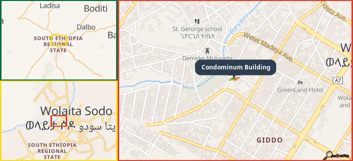 Map showing the address of Condominum Building in three different zoom levels.