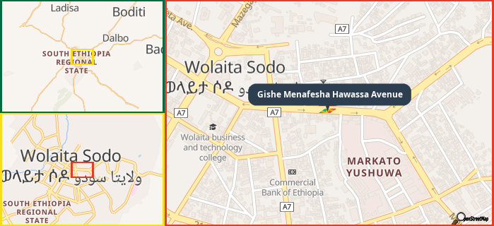 Map showing the address of Gishe Menafesha Hawassa Avenue in three different zoom levels.