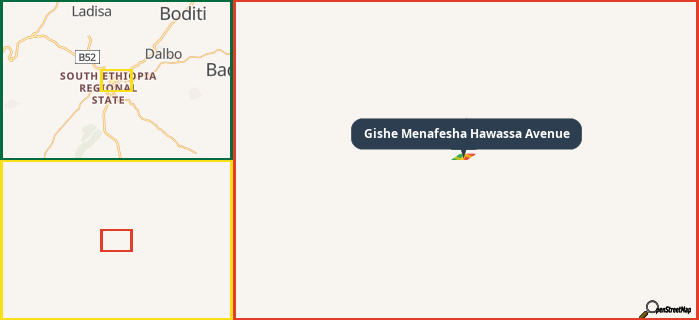 Map showing the address of Gishe Menafesha Hawassa Avenue in three different zoom levels.