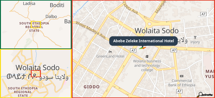 Map showing the address of Abebe Zeleke International Hotel in three different zoom levels.