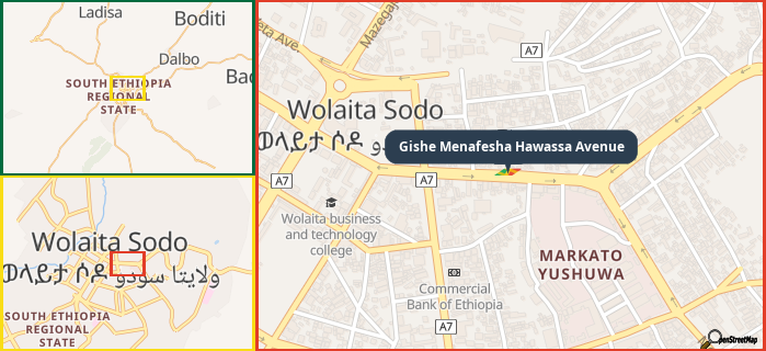 Map showing the address of Gishe Menafesha Hawassa Avenue in three different zoom levels.