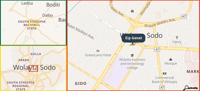 Map showing the address of Eip Genet in three different zoom levels.