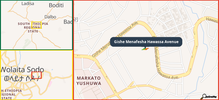Map showing the address of Gishe Menafesha Hawassa Avenue in three different zoom levels.