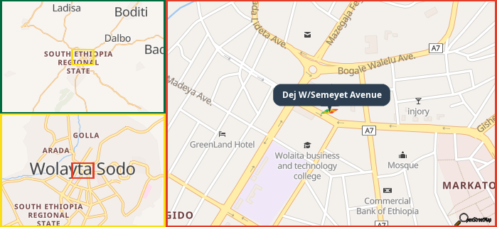 Map showing the address of Dej W/Semeyet Avenue in three different zoom levels.