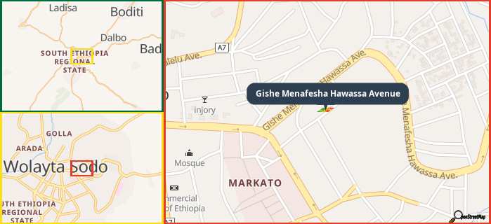 Map showing the address of Gishe Menafesha Hawassa Avenue in three different zoom levels.