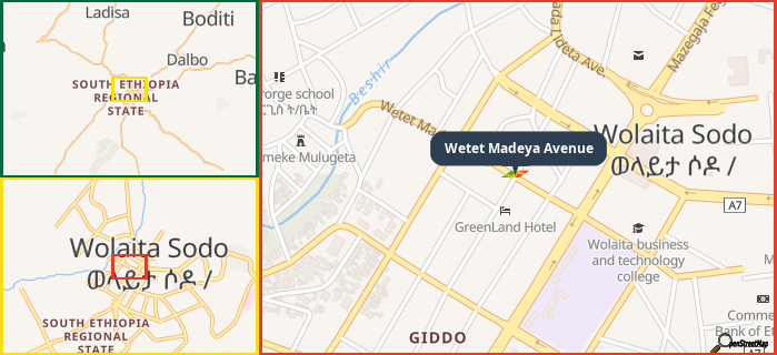 Map showing the address of Wetet Madeya Avenue in three different zoom levels.