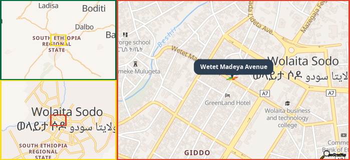Map showing the address of Wetet Madeya Avenue in three different zoom levels.