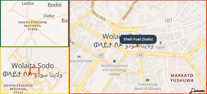 Map showing the address of Shell Fuel (Sodo) in three different zoom levels.