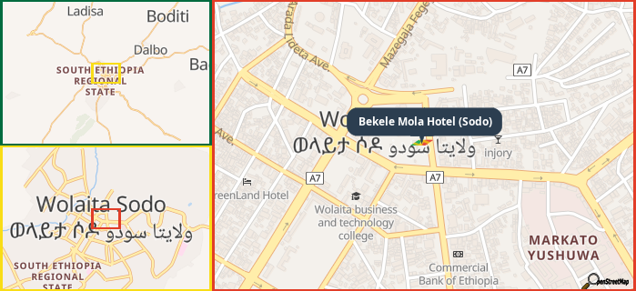 Map showing the address of Bekele Mola Hotel (Sodo) in three different zoom levels.