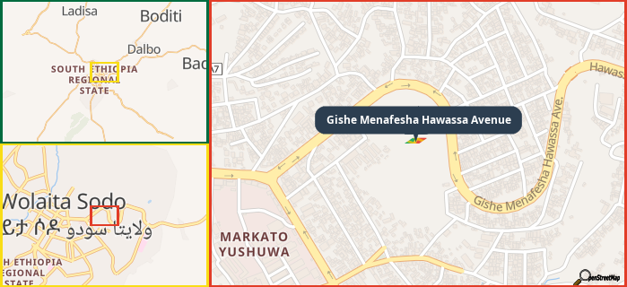 Map showing the address of Gishe Menafesha Hawassa Avenue in three different zoom levels.