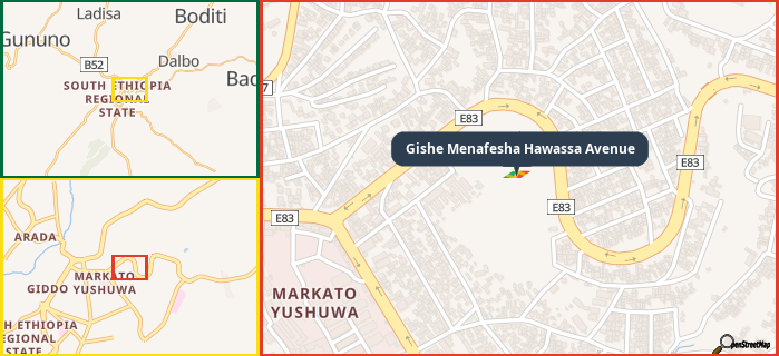 Map showing the address of Gishe Menafesha Hawassa Avenue in three different zoom levels.
