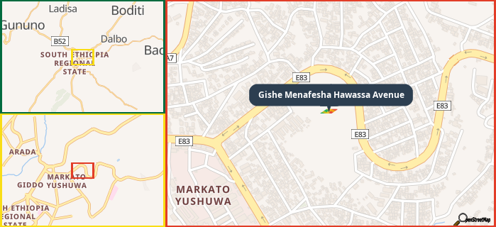 Map showing the address of Gishe Menafesha Hawassa Avenue in three different zoom levels.