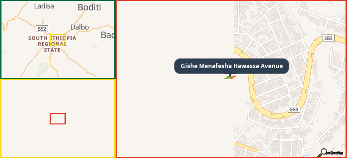 Map showing the address of Gishe Menafesha Hawassa Avenue in three different zoom levels.