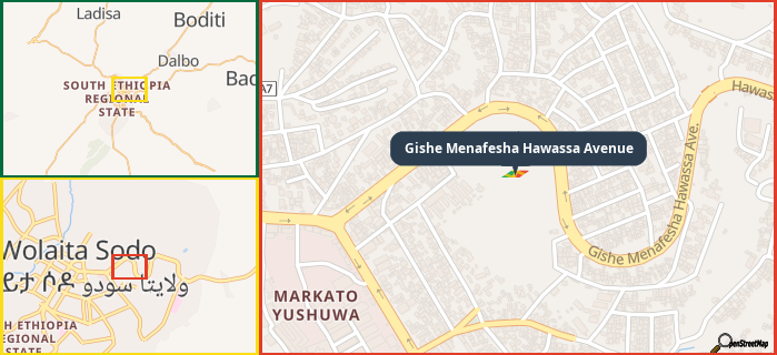 Map showing the address of Gishe Menafesha Hawassa Avenue in three different zoom levels.