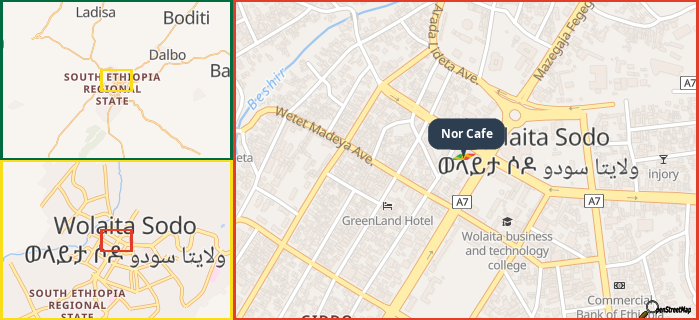 Map showing the address of Nor Cafe in three different zoom levels.