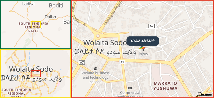 Map showing the address of እንዳለ ሬስቶራንት in three different zoom levels.