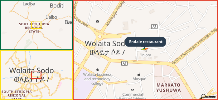 Map showing the address of Endale restaurant in three different zoom levels.