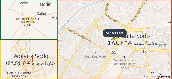Map showing the address of Sunset Cafe in three different zoom levels.