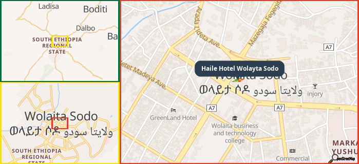 Map showing the address of Haile Hotel Wolayta Sodo in three different zoom levels.