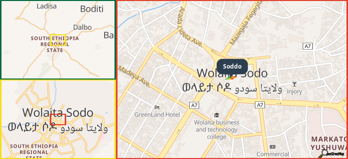 Map showing the address of Soddo in three different zoom levels.