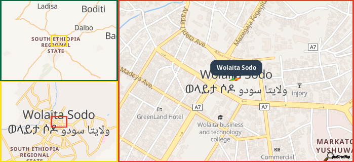 Map showing the address of Wolaita Sodo in three different zoom levels.