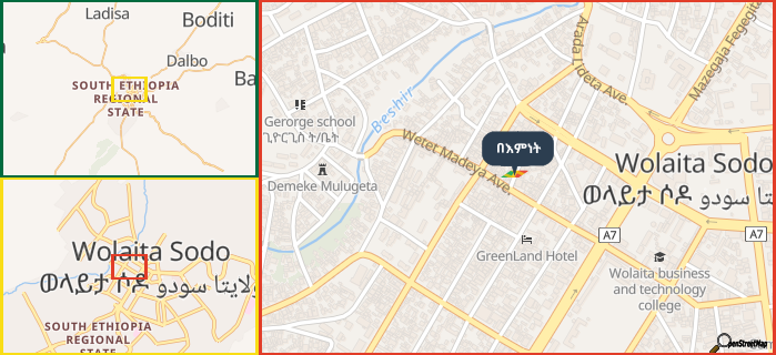 Map showing the address of በእምነት in three different zoom levels.