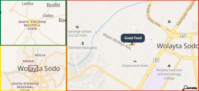 Map showing the address of Good food in three different zoom levels.