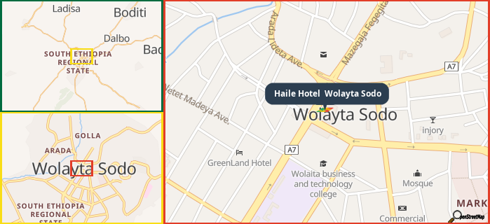 Map showing the address of Haile Hotel  Wolayta Sodo in three different zoom levels.