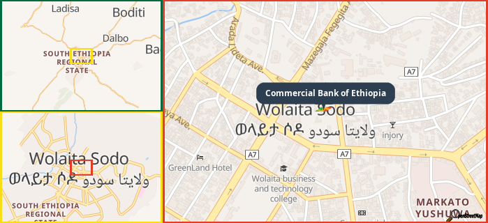 Map showing the address of Commercial Bank of Ethiopia in three different zoom levels.