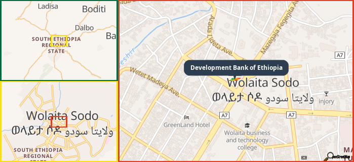 Map showing the address of Development Bank of Ethiopia in three different zoom levels.