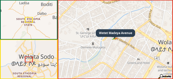 Map showing the address of Wetet Madeya Avenue in three different zoom levels.