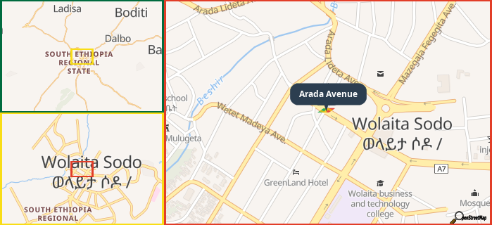Map showing the address of Arada Avenue in three different zoom levels.