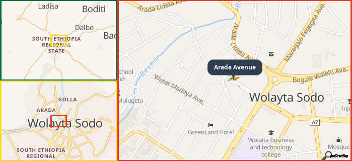 Map showing the address of Arada Avenue in three different zoom levels.