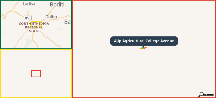 Map showing the address of Ajip Agricultural College Avenue in three different zoom levels.