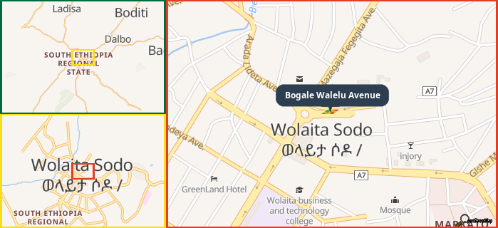 Map showing the address of Bogale Walelu Avenue in three different zoom levels.
