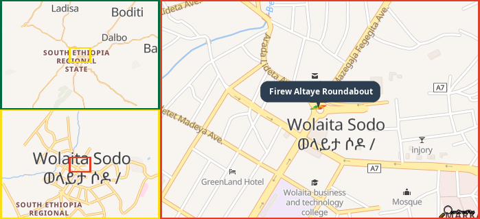 Map showing the address of Firew Altaye Roundabout in three different zoom levels.