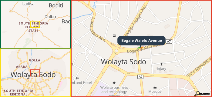 Map showing the address of Bogale Walelu Avenue in three different zoom levels.